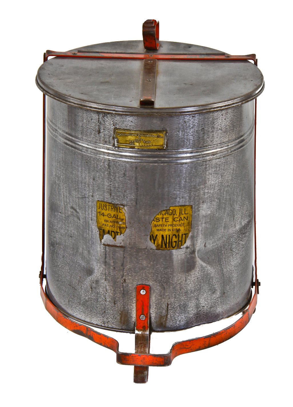 hard to find early "justrite" stationary cylindrical-shaped galvanized steel foot-operated oily waste can salvaged from a chicago public school boiler room