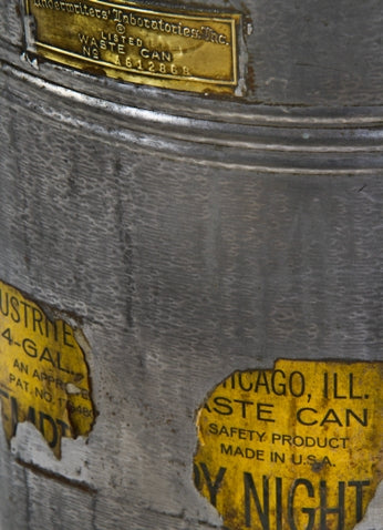hard to find early "justrite" stationary cylindrical-shaped galvanized steel foot-operated oily waste can salvaged from a chicago public school boiler room