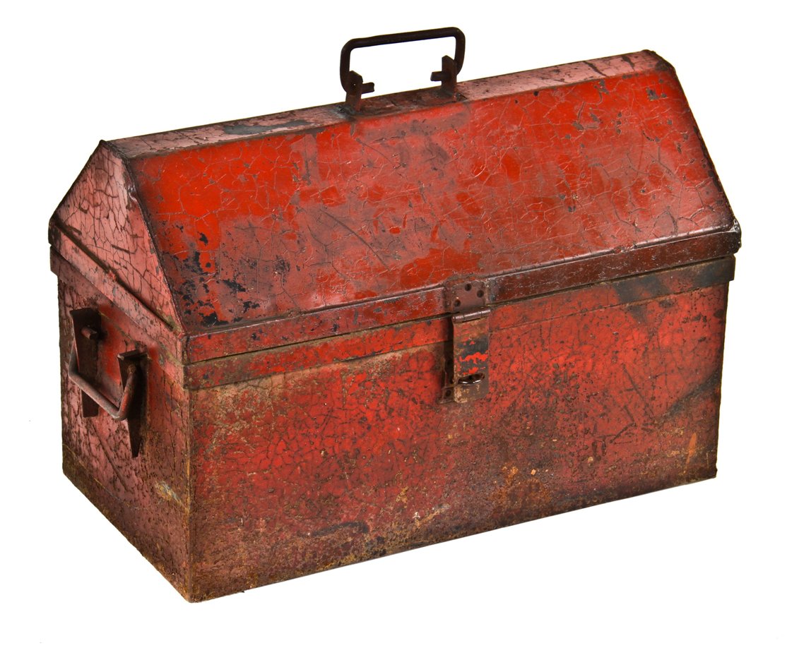 original antique american c. 1920's industrial oversized pressed and folded heavy gauge pressed and folded steel pyramidal-shaped top toolbox or chest with old red paint finish