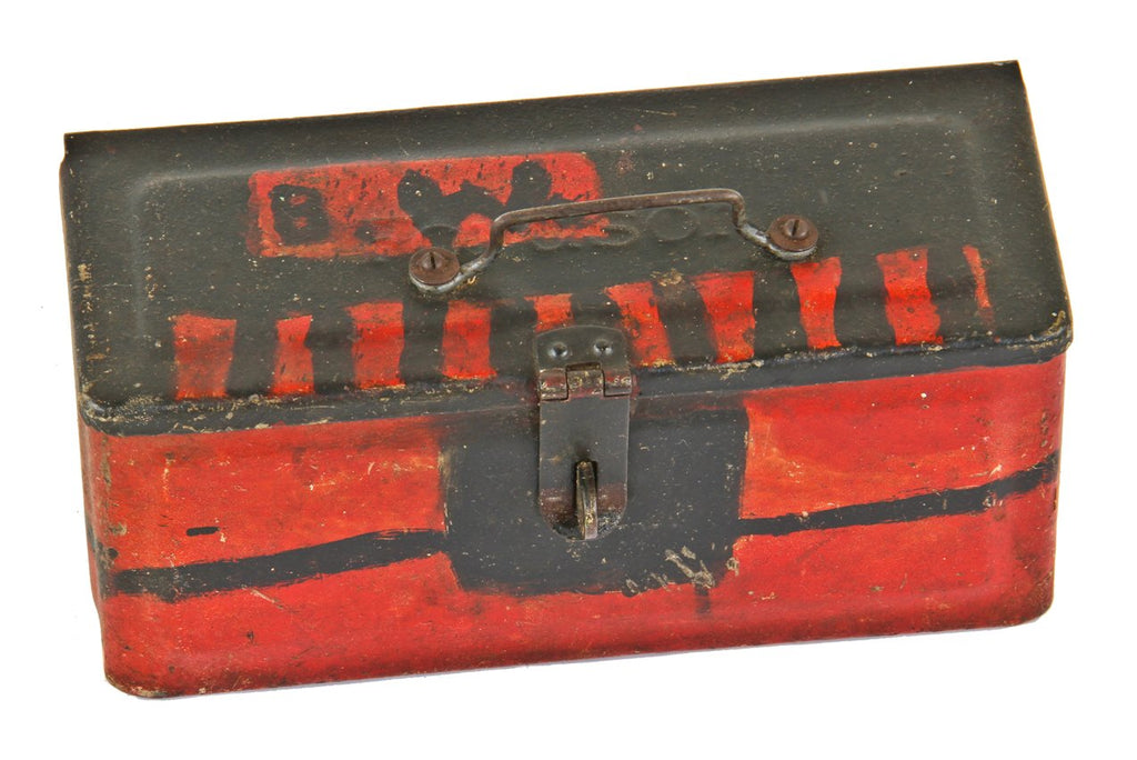 original early 20th century hand-painted pressed and folded steel ""fordson" brand general purpose diminutive tractor tool chest with lockable hasp