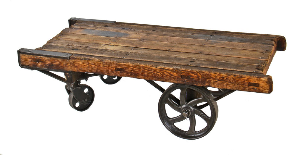 original late 19th century structurally sound and stable solid oak wood and cast iron towsley factory furniture cart or truck with sanded and sealed finish