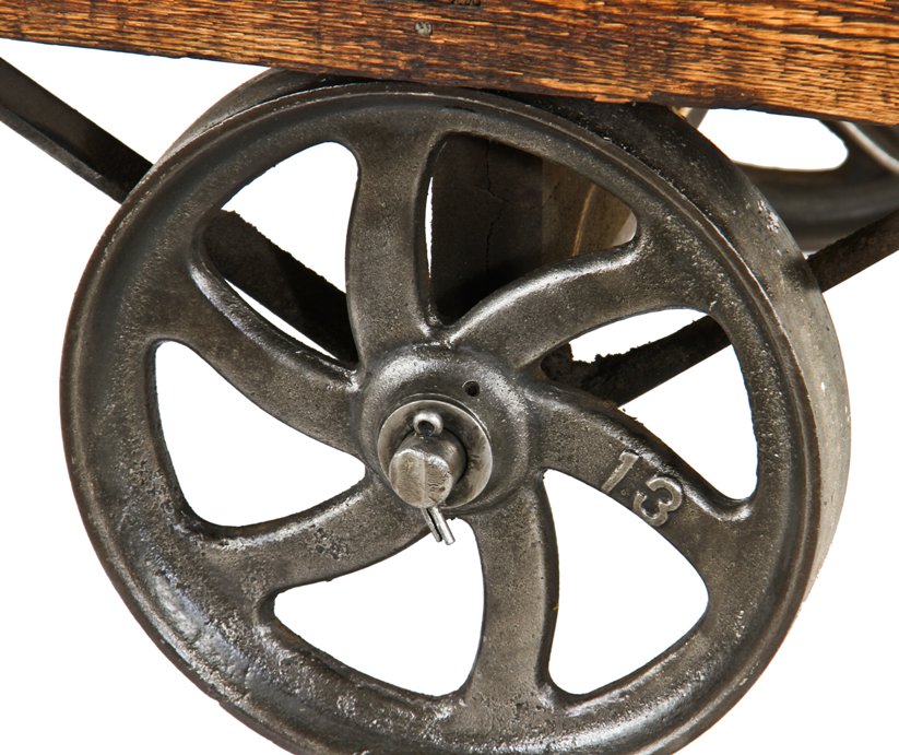 original late 19th century structurally sound and stable solid oak wood and cast iron towsley factory furniture cart or truck with sanded and sealed finish
