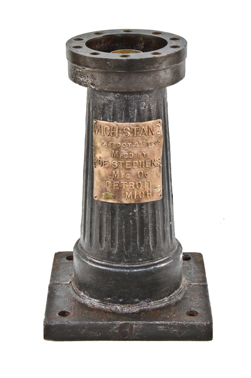 incredibly heavy duty refinished early 20th century cast iron tapered and fluted indicator floor "mich" stand with oversized wrought bronze manufacturer plaque