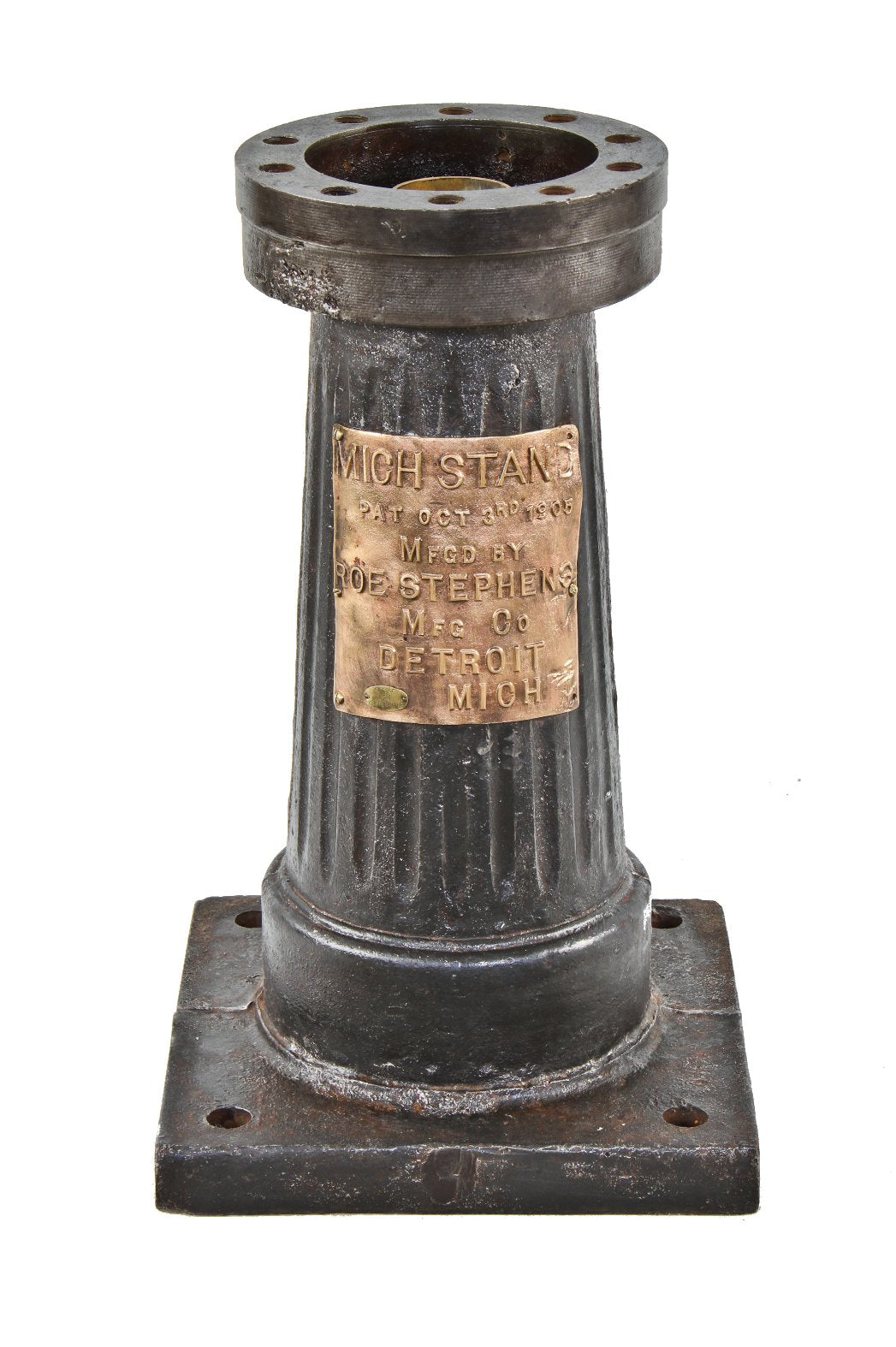 incredibly heavy duty refinished early 20th century cast iron tapered and fluted indicator floor "mich" stand with oversized wrought bronze manufacturer plaque