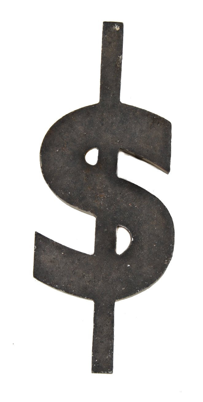 original weathered and worn c. 1930's american made depression-era black enameled cast aluminum single-sided "dollar sign" theater marquee letter sign