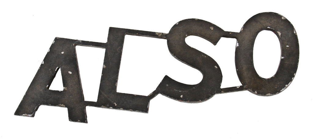 unique c. 1930's american made single-sided exterior black enameled cast aluminum "also" exterior theater marquee sign with weathered and worn finish