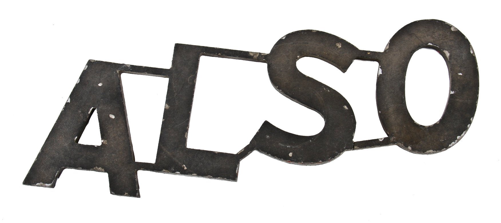 unique c. 1930's american made single-sided exterior black enameled cast aluminum "also" exterior theater marquee sign with weathered and worn finish