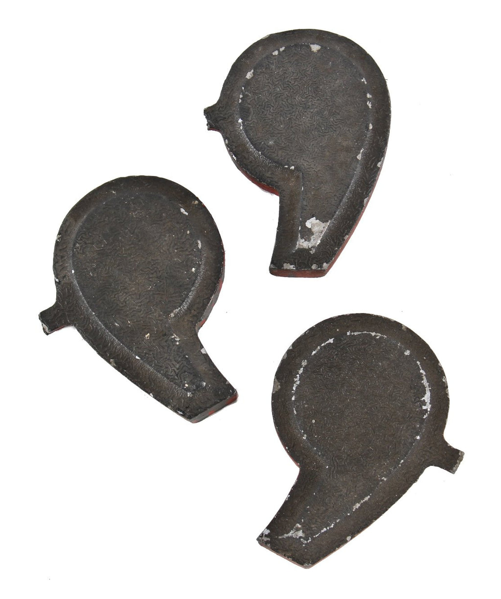 three matching baked black enameled c. 1930's original single-sided diminutive cast aluminum theater marquee apostrophe punctuation mark signs