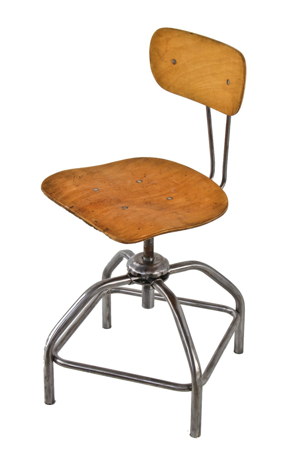 fully functional c. 1950's original american industrial adjustable height chemical plant tubular metal stool with refinished maple wood saddle seat and backrest