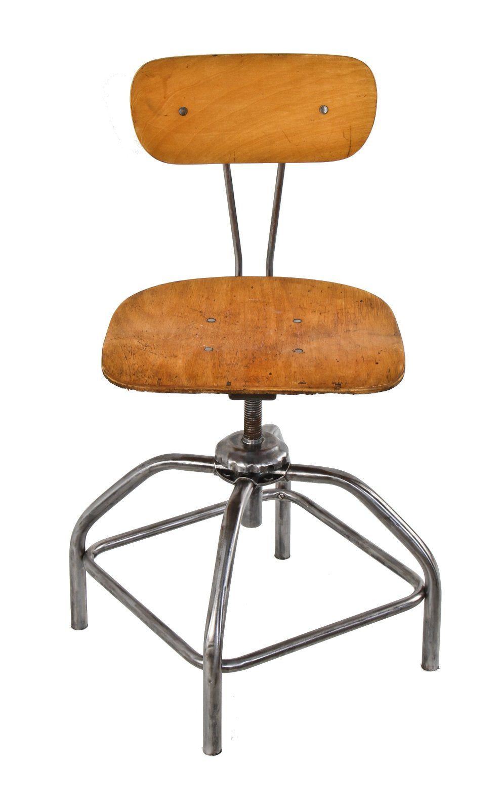refinished american industrial c. 1950's original four-legged stationary tubular steel adjustable height workbench stool with saddle seat and tilting backrest