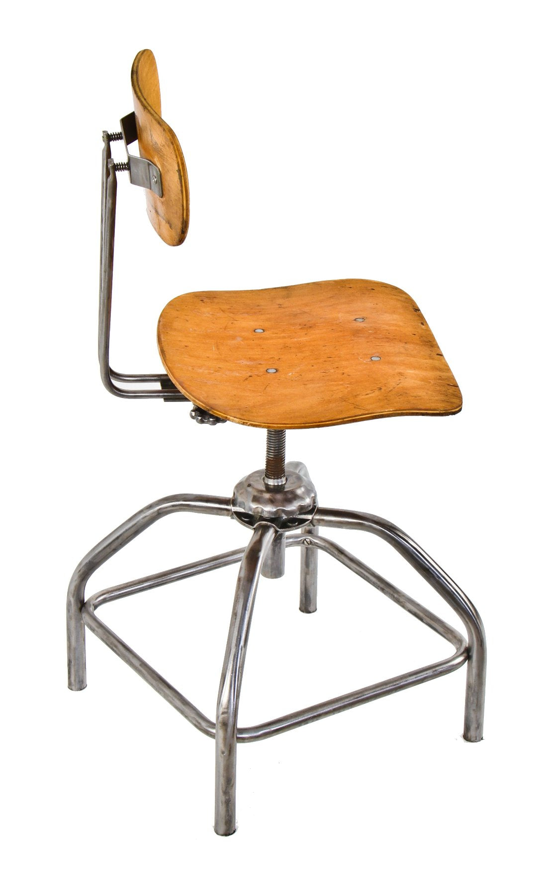 c. 1950's fully adjustable refinished four-legged tubular steel laboratory stool with oversized maple wood saddle seat and slightly contoured matching backrest