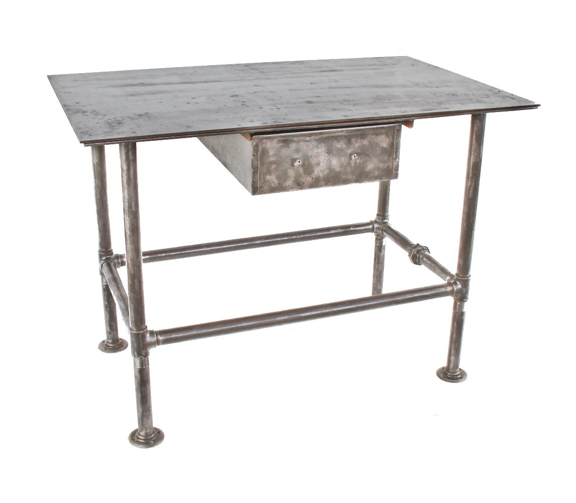 c. 1930's original and intact american industrial four-legged reinforced tubular steel factory or assembly plant stationary table with distinctive pipe fittings
