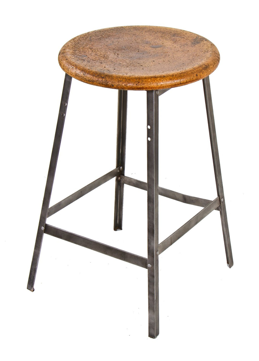 single c. 1950's original and intact american industrial four-legged stationary angled iron "pollard" machinist stool reinforced with multiple riveted joints