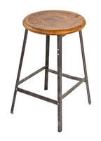 single c. 1950's original and intact american industrial four-legged stationary angled iron "pollard" machinist stool reinforced with multiple riveted joints
