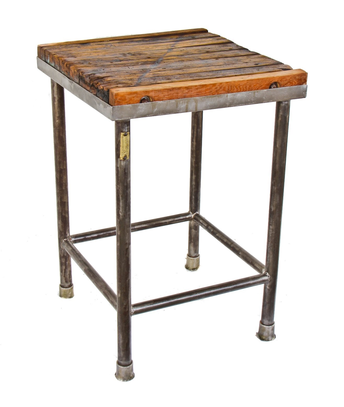 strong and sturdy original c. 1930's antique american industrial four-legged all-welded joint tubular steel stationary libby factory work stand or station with maple top