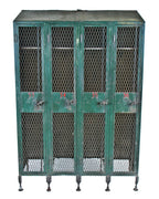 hard to find early 20th century original untouched american made painted green riveted joint steel four-unit "expanded metal type" freestanding locket with t-handles
