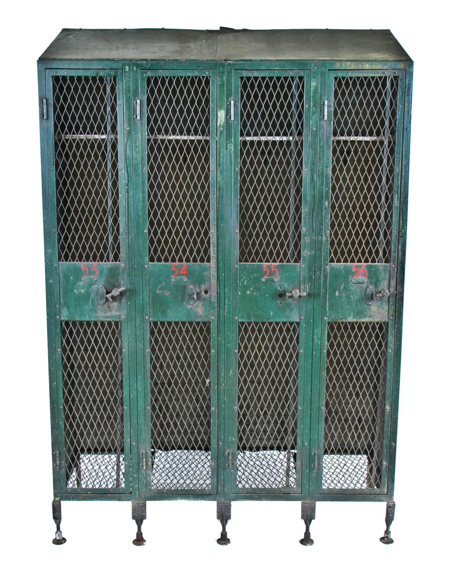 hard to find early 20th century original untouched american made painted green riveted joint steel four-unit "expanded metal type" freestanding locket with t-handles