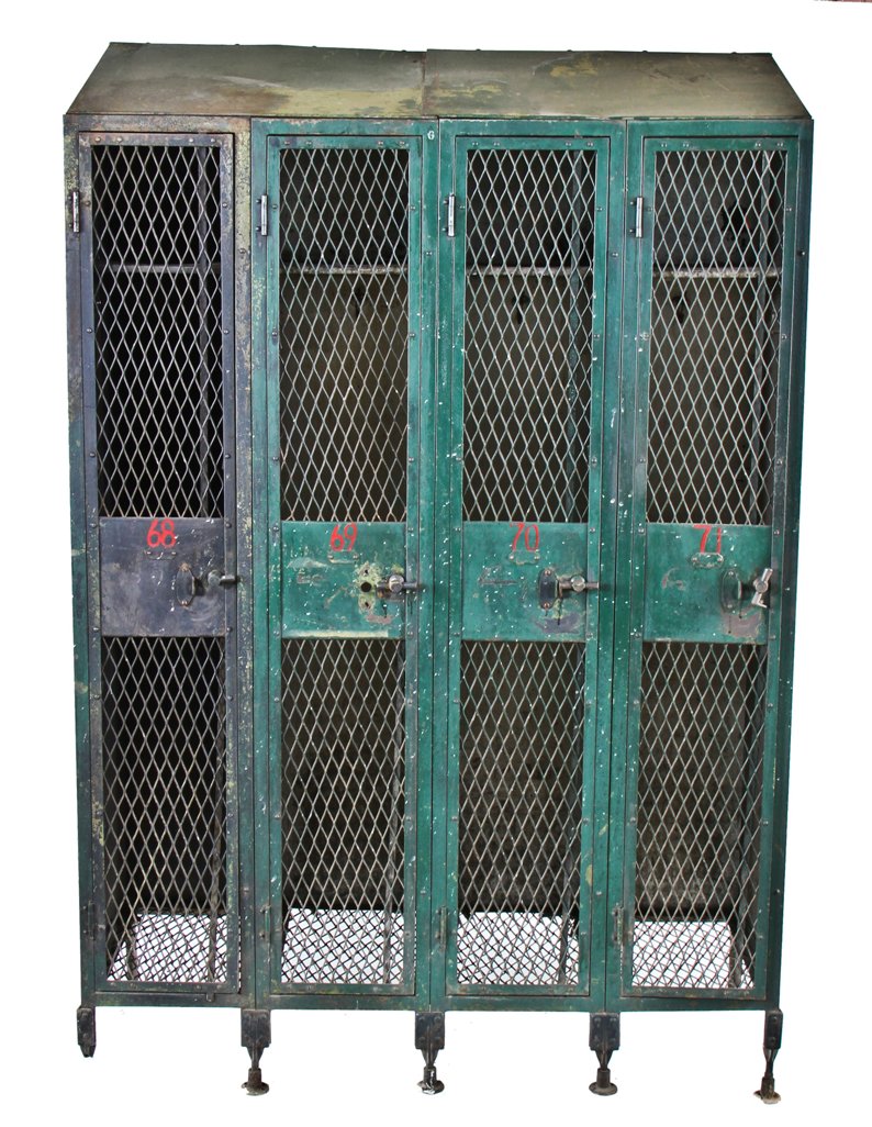 c. early 20th century american made antique original industrial four-unit freestanding "expanded metal type" or diamond mesh riveted joint steel factory locker