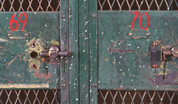 c. early 20th century american made antique original industrial four-unit freestanding "expanded metal type" or diamond mesh riveted joint steel factory locker