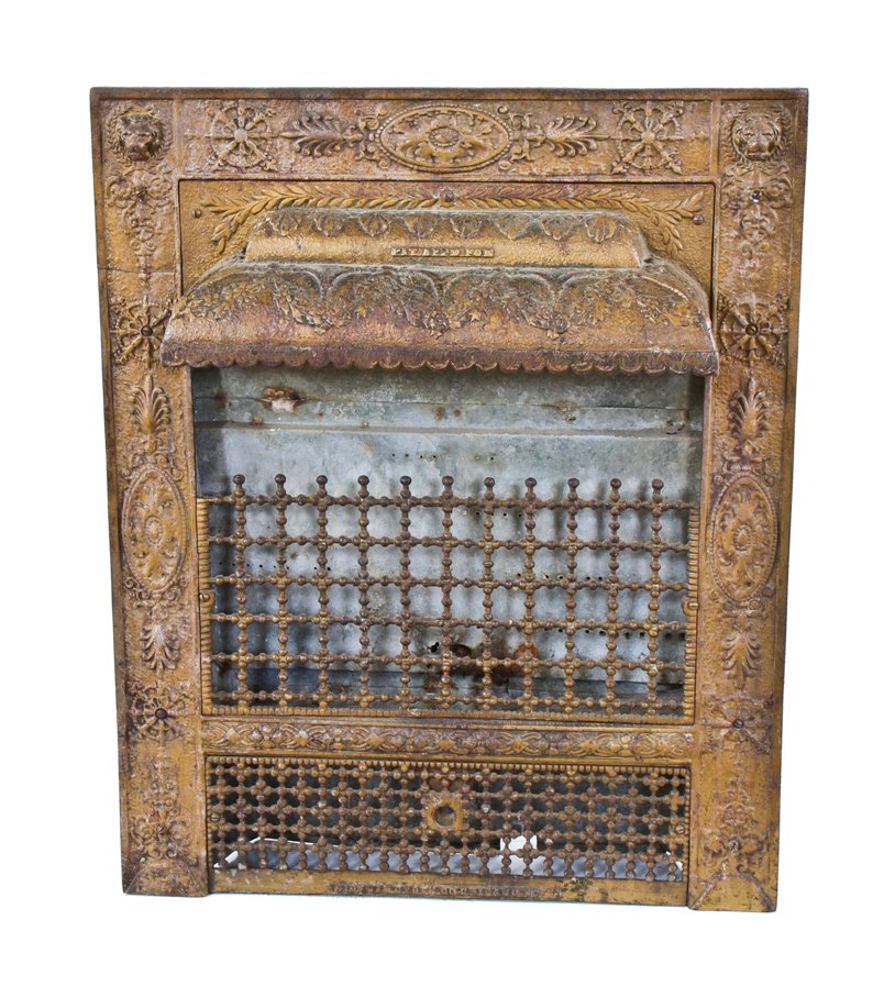 seldom found and elegantly designed original late 19th century original american interior residential fireplace mantel "lion gas grate" with largely intact gold enameled finish