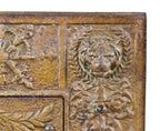seldom found and elegantly designed original late 19th century original american interior residential fireplace mantel "lion gas grate" with largely intact gold enameled finish