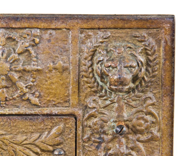 seldom found and elegantly designed original late 19th century original american interior residential fireplace mantel "lion gas grate" with largely intact gold enameled finish