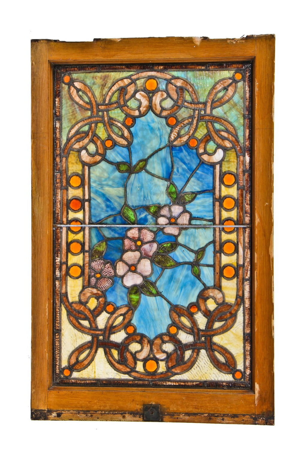 dazzling all original and largely intact c. 1880's high victorian era interior residential at glass window replete with celtic knots and multifaceted amber glass jewels