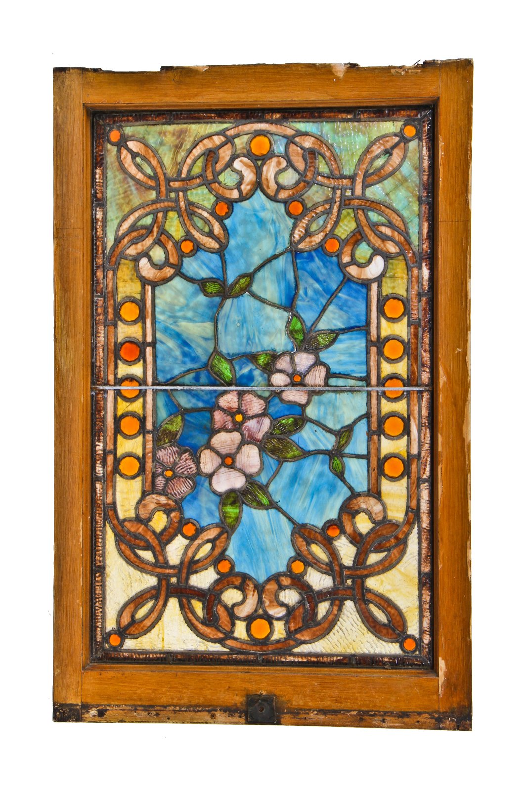 dazzling all original and largely intact c. 1880's high victorian era interior residential at glass window replete with celtic knots and multifaceted amber glass jewels