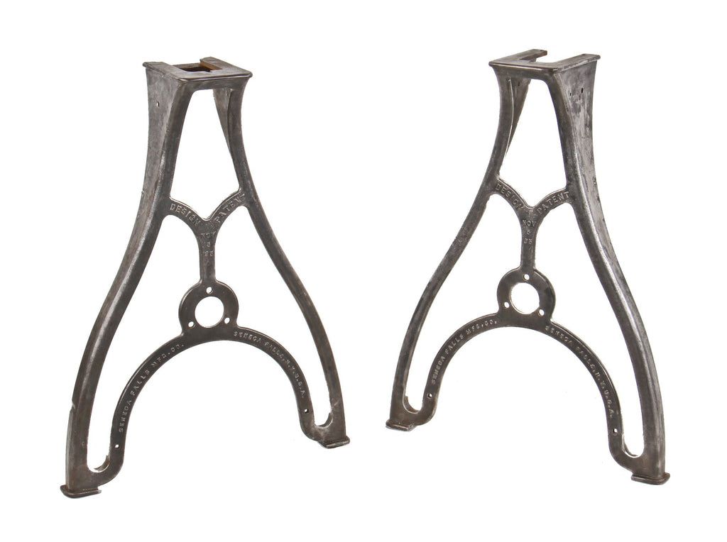matching set of early 20th century refinished ornamental cast iron antique american industrial "star" foot-powered lathe machine bases or "standards" with patented design