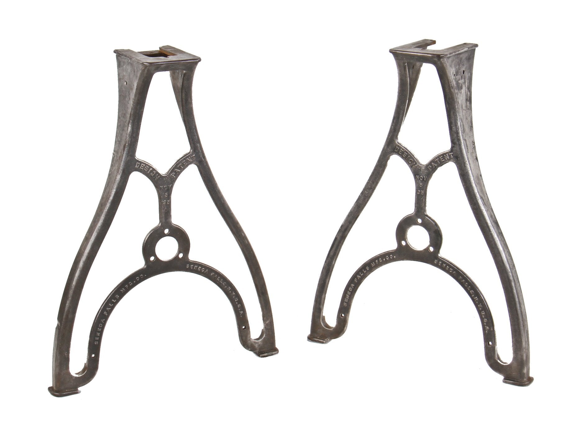 matching set of early 20th century refinished ornamental cast iron antique american industrial "star" foot-powered lathe machine bases or "standards" with patented design