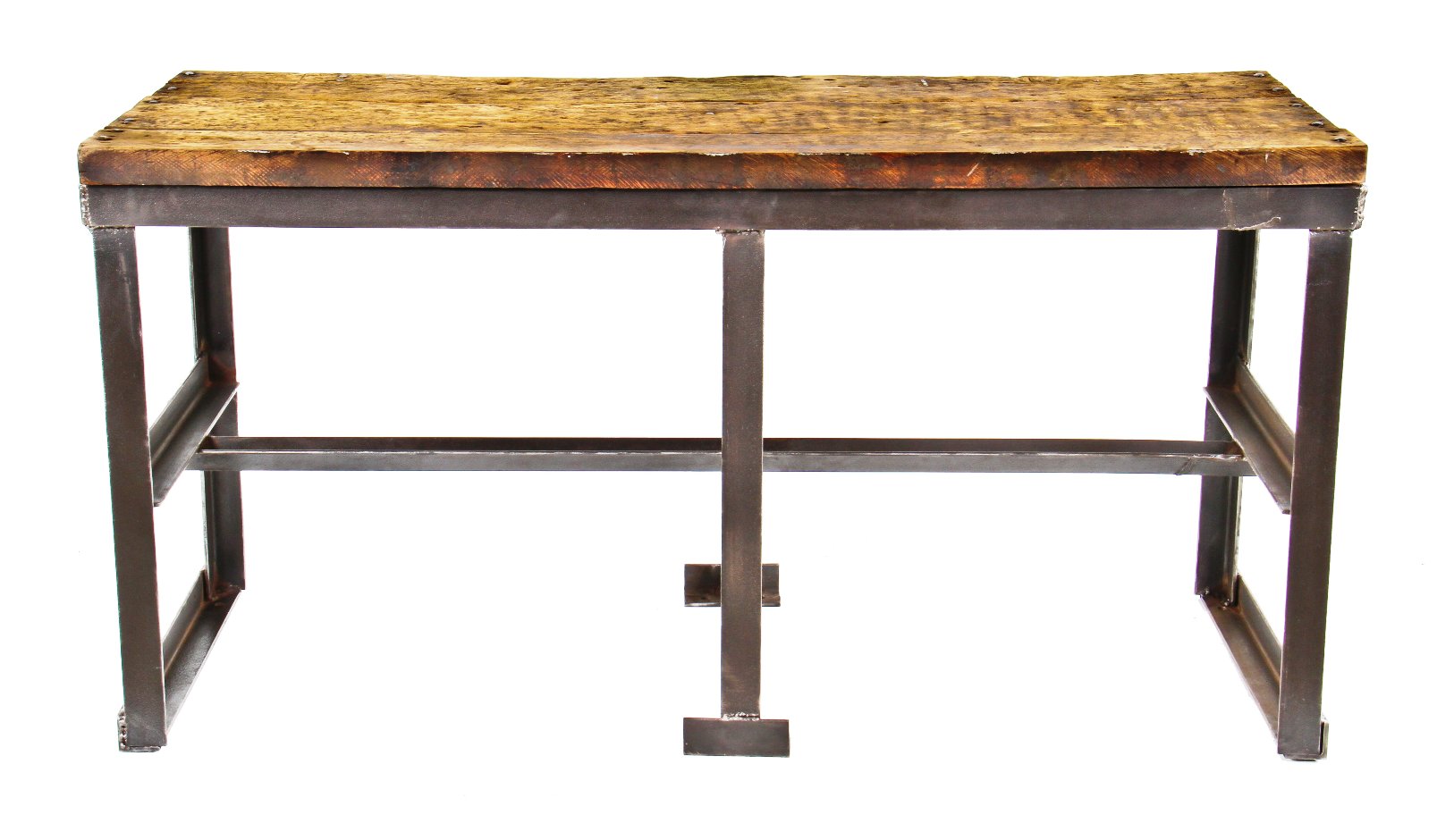 original c. 1920's custom-built heavily reinforced all-welded joint heavy gauge steel furniture factory workbench or side table with weathred and worn maple wood top