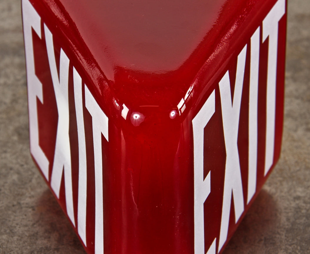 original and completely intact c. 1930's american antique wall-mount richly colored ruby red wedge-shaped double-sided exit light globe and polished chrome fitter