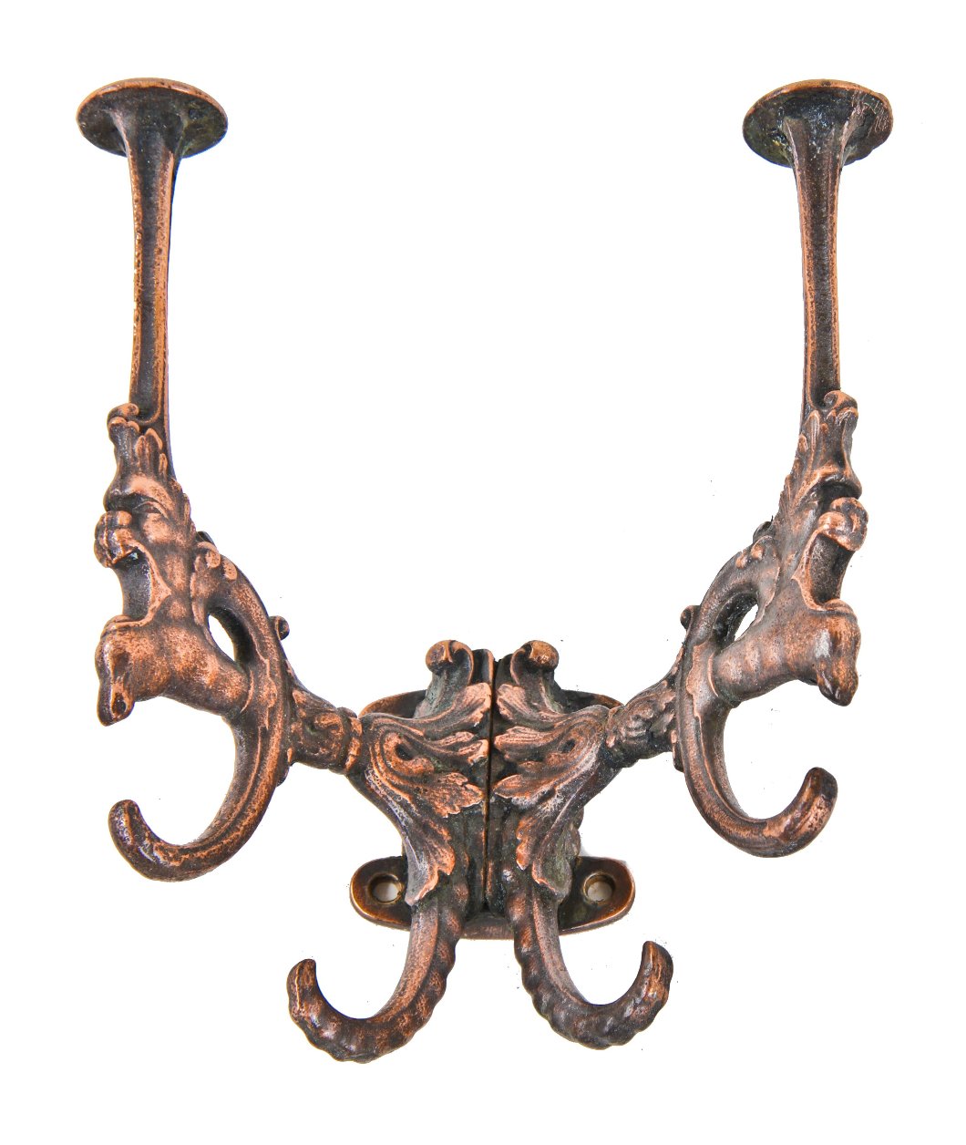 all original late 19th century american victorian era copper-plated cast iron grotesque profile double-sided wall or surface-mount coat hooks