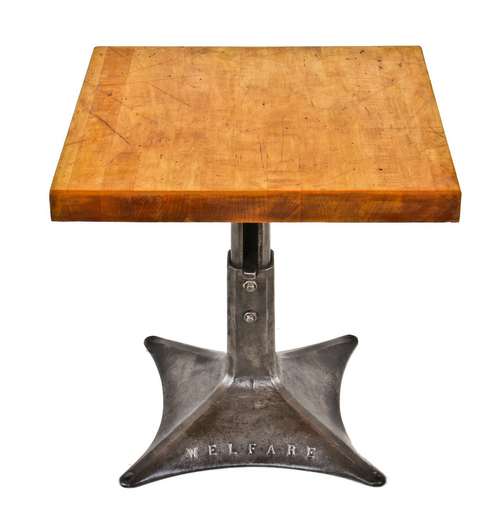 repurposed c. 1930's american industrial outswept cast iron weighted classroom adjustable height chair base side table or nightstand with a rock hard maple wood top