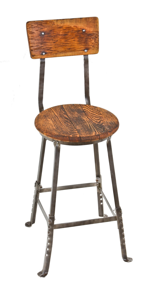 fully adjustable c. 1920's original industrial four-legged oak wood and angled steel freestanding factory machinist stool with intact wood backrest