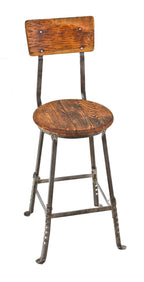 fully adjustable c. 1920's original industrial four-legged oak wood and angled steel freestanding factory machinist stool with intact wood backrest