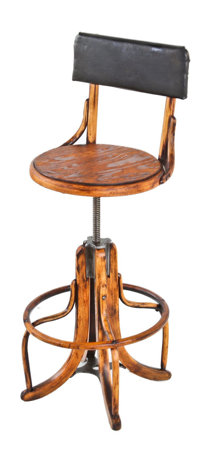 fully adjustable early 20th century refinished telephone switchboard operator bent birch wood stationary chair or stool with cushioned backrest and heel ring or footrest