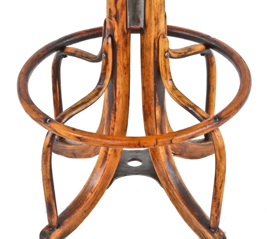 fully adjustable early 20th century refinished telephone switchboard operator bent birch wood stationary chair or stool with cushioned backrest and heel ring or footrest