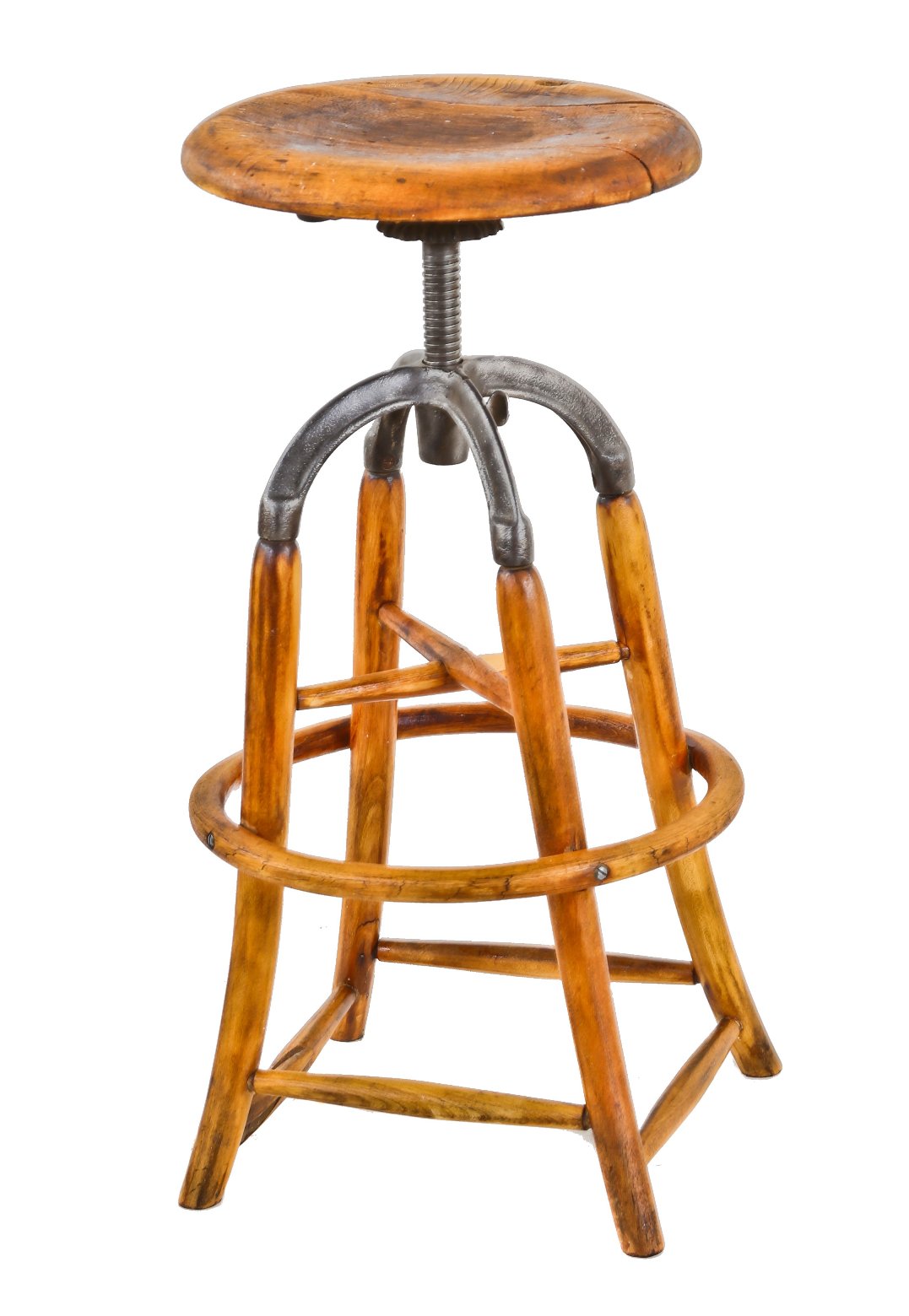 refinished early 20th century adjustable height model number "2307f" dietzgen four-legged solid maple wood drafting stool with completely intact heel ring or footrest
