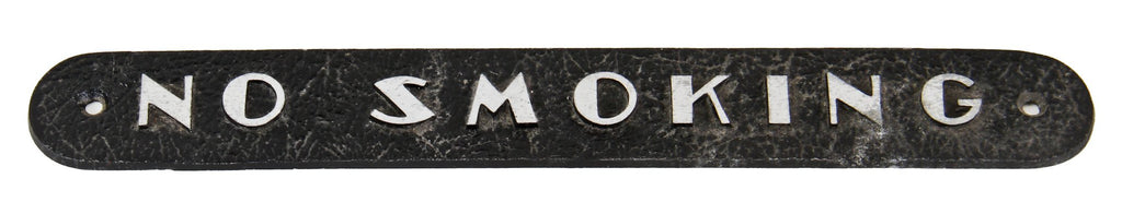 one of two original c. 1930's american art deco style single-sided reinforced cast aluminum surface mount cast aluminum "no smoking" informational sign with black enameled finish