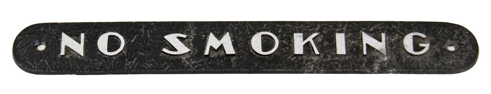 one of two original c. 1930's american art deco style single-sided reinforced cast aluminum surface mount cast aluminum "no smoking" informational sign with black enameled finish