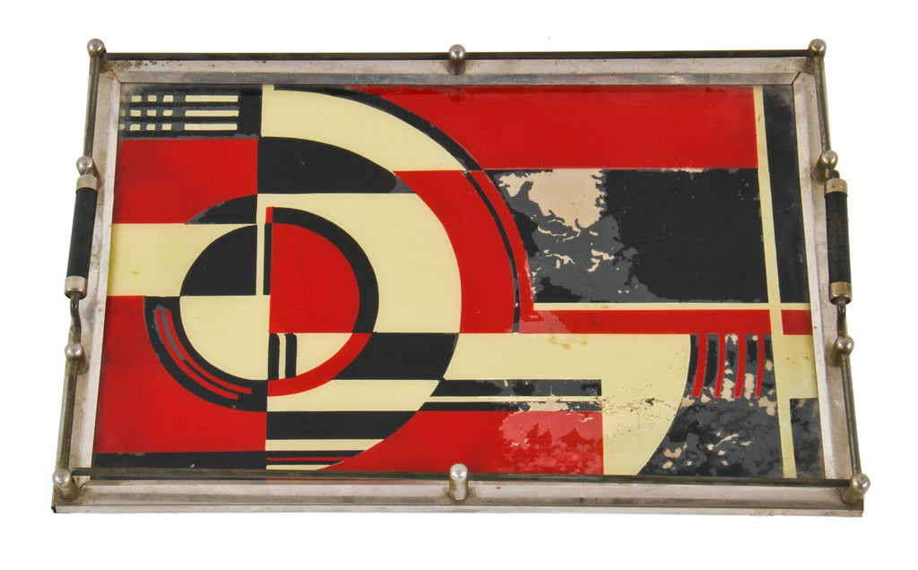 all original and largely intact iconic c. 1930's american art deco "jazz age" polychromatic cocktail tray with reverse-painted glass featuring a visually striking abstract design