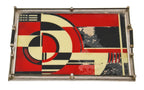 all original and largely intact iconic c. 1930's american art deco "jazz age" polychromatic cocktail tray with reverse-painted glass featuring a visually striking abstract design