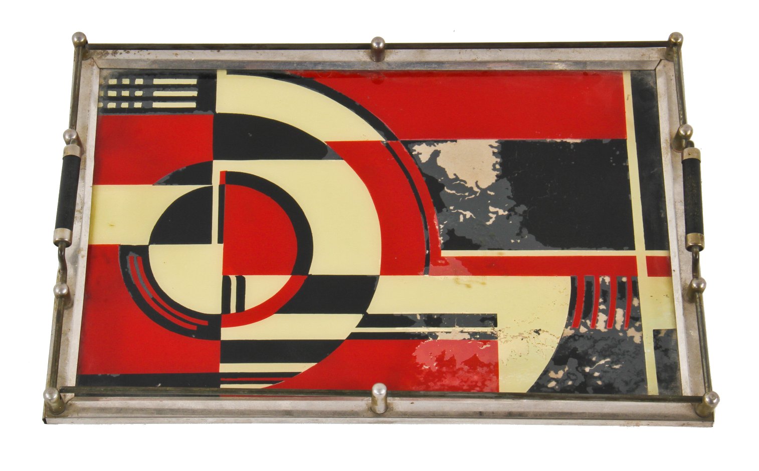all original and largely intact iconic c. 1930's american art deco "jazz age" polychromatic cocktail tray with reverse-painted glass featuring a visually striking abstract design