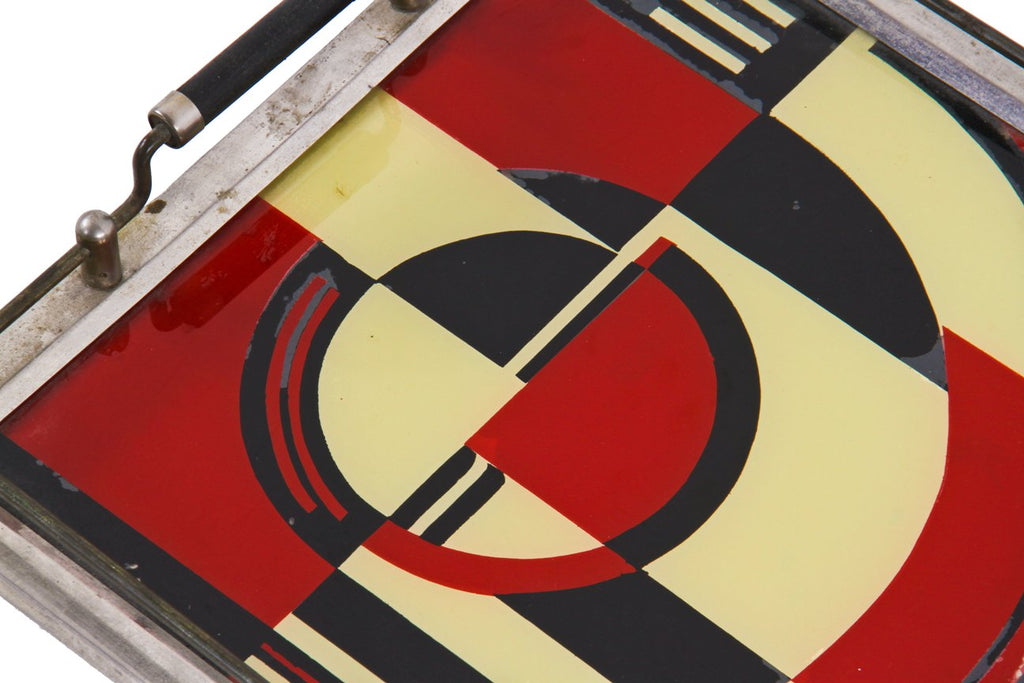 all original and largely intact iconic c. 1930's american art deco "jazz age" polychromatic cocktail tray with reverse-painted glass featuring a visually striking abstract design