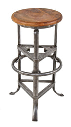one of two matching original c. 1930's american antique industrial pressed and folded three-legged steel adjustable height "rite hite" stool with maple wood circular-shaped seat