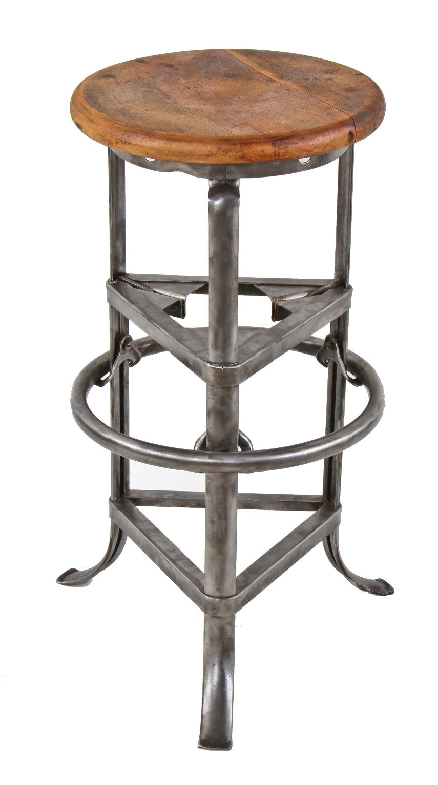 one of two matching original c. 1930's american antique industrial pressed and folded three-legged steel adjustable height "rite hite" stool with maple wood circular-shaped seat