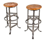one of two matching original c. 1930's american antique industrial pressed and folded three-legged steel adjustable height "rite hite" stool with maple wood circular-shaped seat