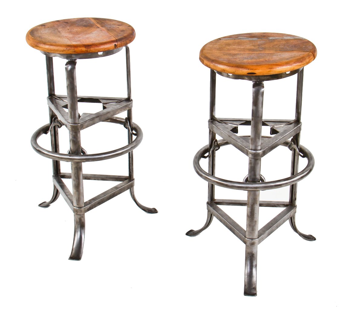 one of two matching original c. 1930's american antique industrial pressed and folded three-legged steel adjustable height "rite hite" stool with maple wood circular-shaped seat