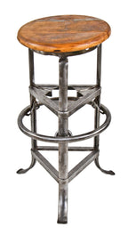 refinished c. 1930's original american antique industrial three-legged charles vitek-designed "rite-hite" adjustable stool with a tubular metal base and maple wood seat